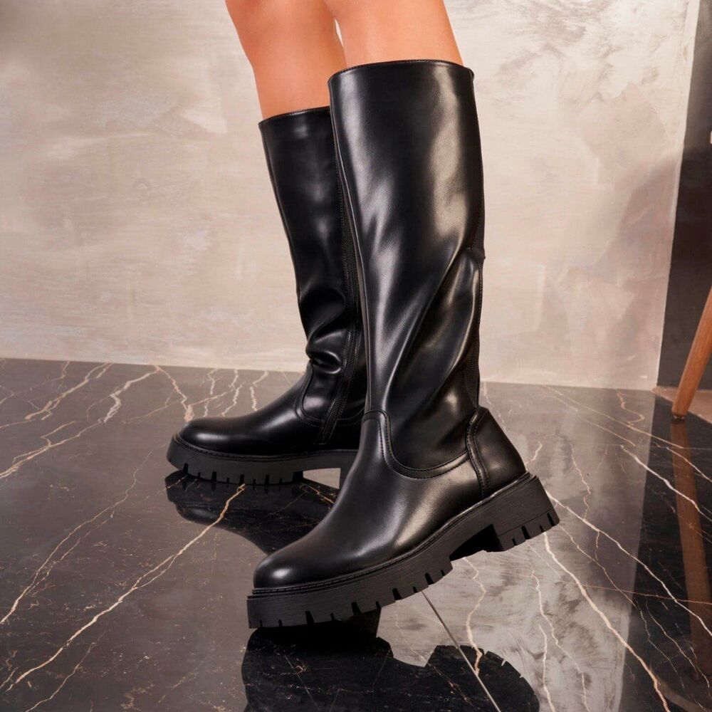 Black Chunky Vegan Leather knee high boots